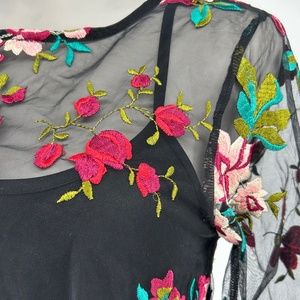 Antoinette Women Black Casual Dress w Floral Embroidered LS Overlay Size Small